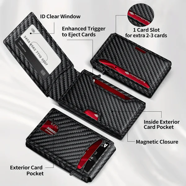 💼🔒Premium Aluminum RFID Blocking Minimalist Wallet for Men - Pop-Up Card Access, Money Clip & ID Window