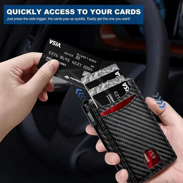 💼🔒Premium Aluminum RFID Blocking Minimalist Wallet for Men - Pop-Up Card Access, Money Clip & ID Window